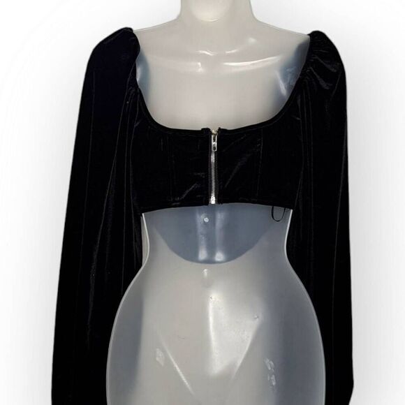 Missguided Women’s Black Velvet Puff Sleeve Corset Crop Top size 4 US - Picture 5 of 8